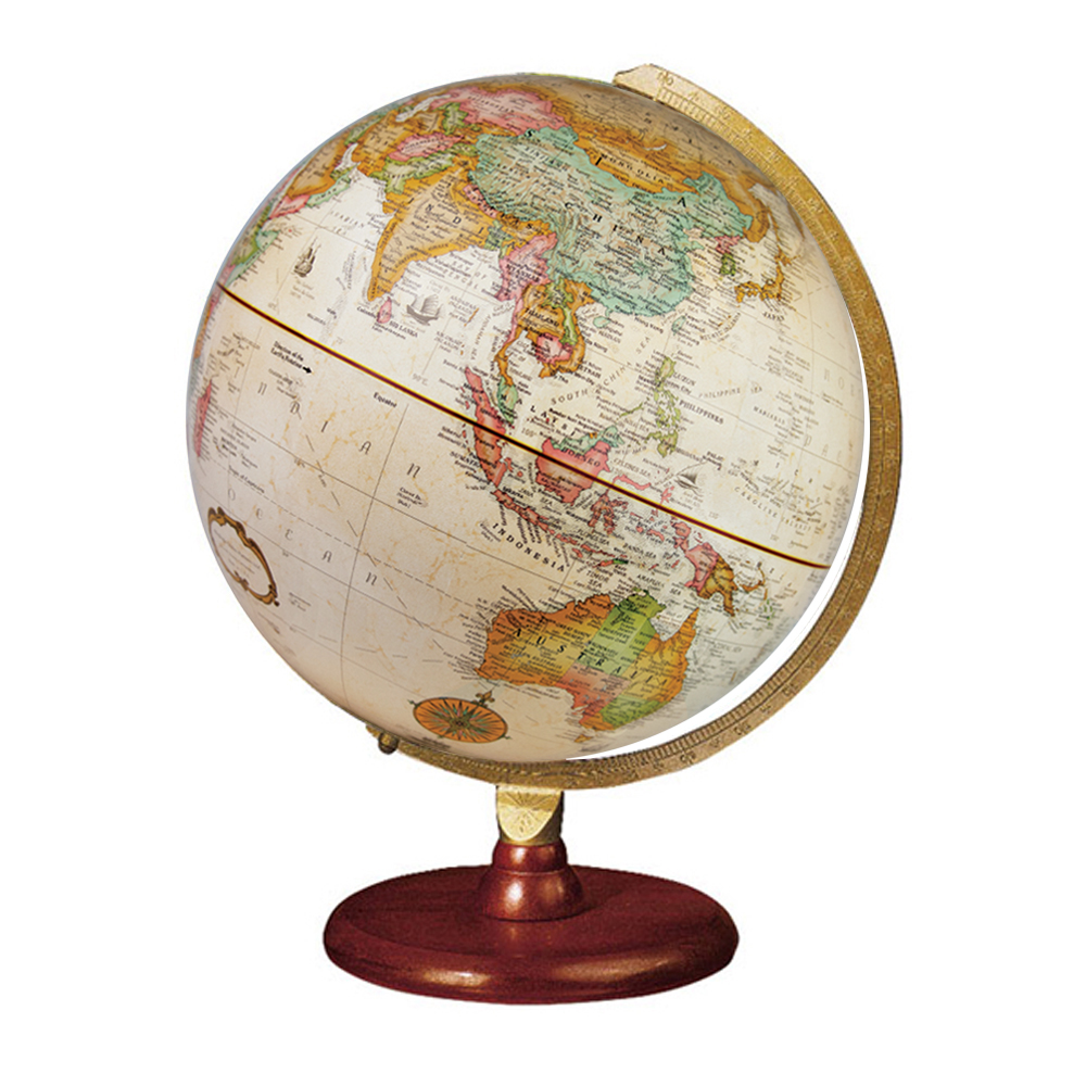 12-inch antique ocean desk globe with a gold-tone meridian and a round walnut-finished wood base.