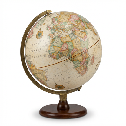 A photorealistic studio product photo of the Replogle Globes Piedmont 12" antique desk globe, angled to the left on a white background with a soft shadow.
