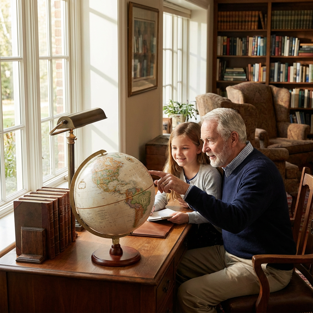 A grandfather and granddaughter look at the Replogle Piedmont desk globe together in a warm study.