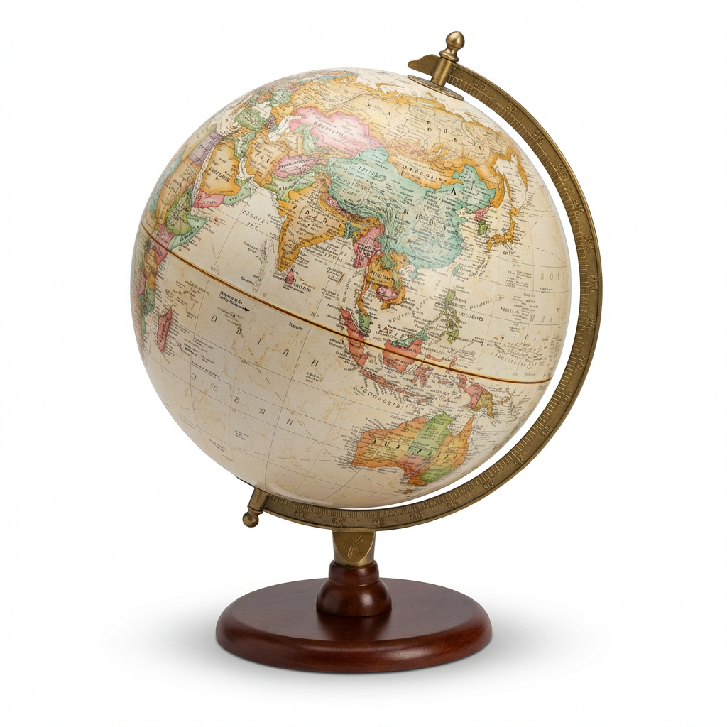 A photorealistic studio product photo of the Replogle Piedmont 12" Antique Ocean Desk Globe, angled to the right, with a soft shadow on a white background .
