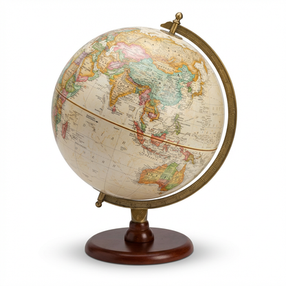 A photorealistic studio product photo of the Replogle Piedmont 12" Antique Ocean Desk Globe, angled to the right, with a soft shadow on a white background .