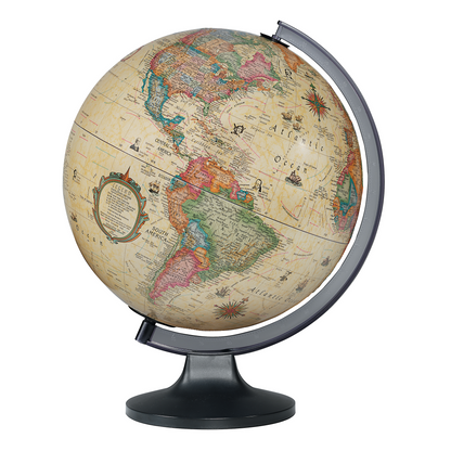 Copenhagen 12-inch illuminated antique ocean desk globe with black base showing the Americas.