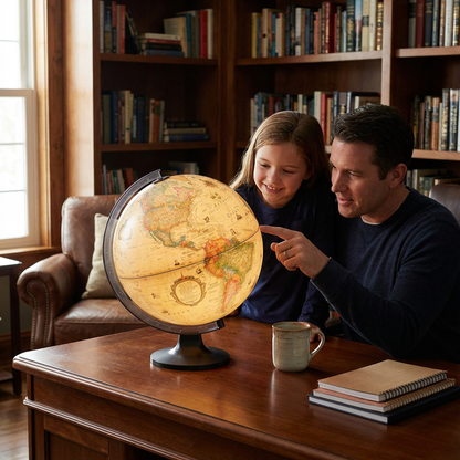 A father and daughter looking at the illuminated Replogle Copenhagen globe in a home library.