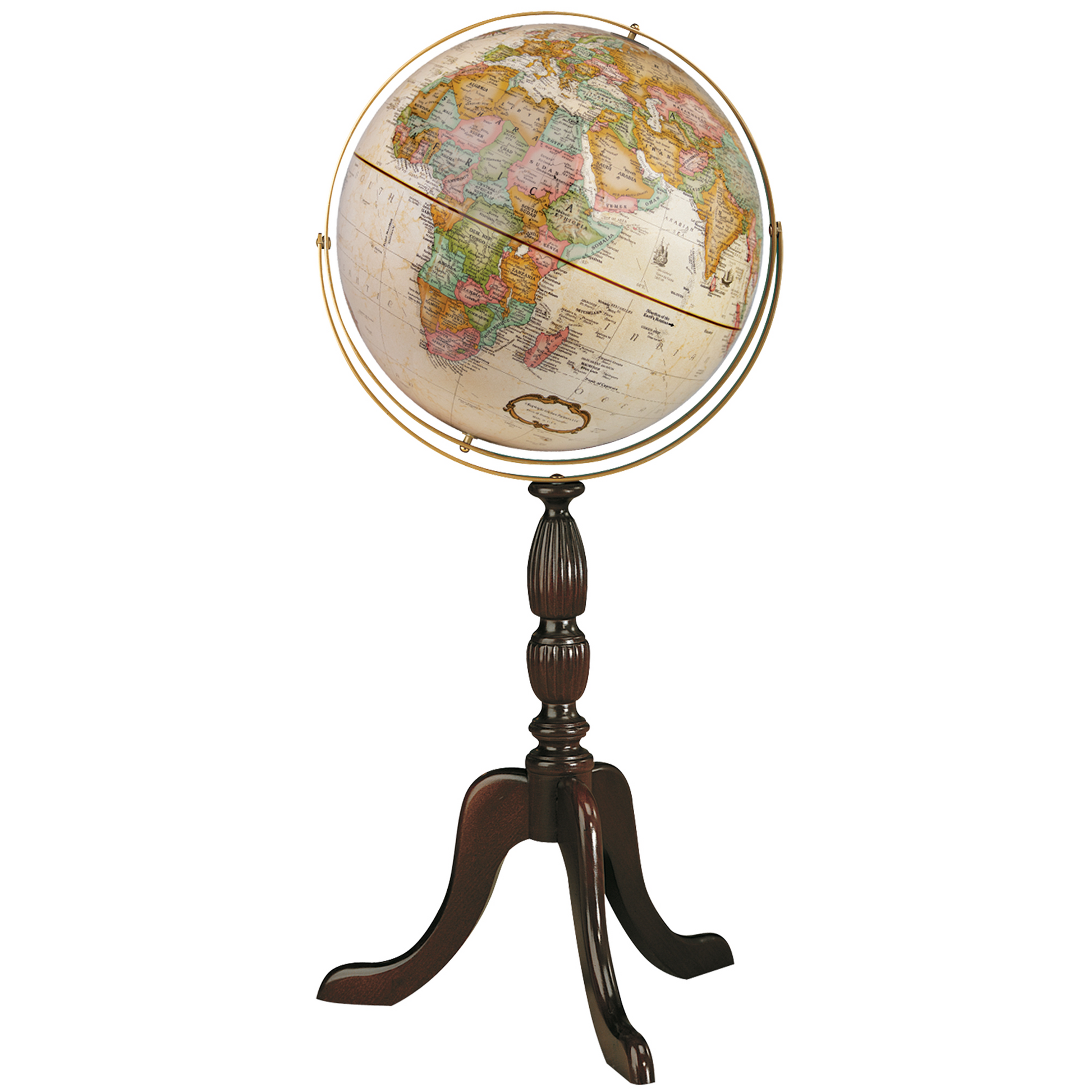 Cambridge French Floor Globe with antique ocean map, brass meridian, and walnut tripod stand.