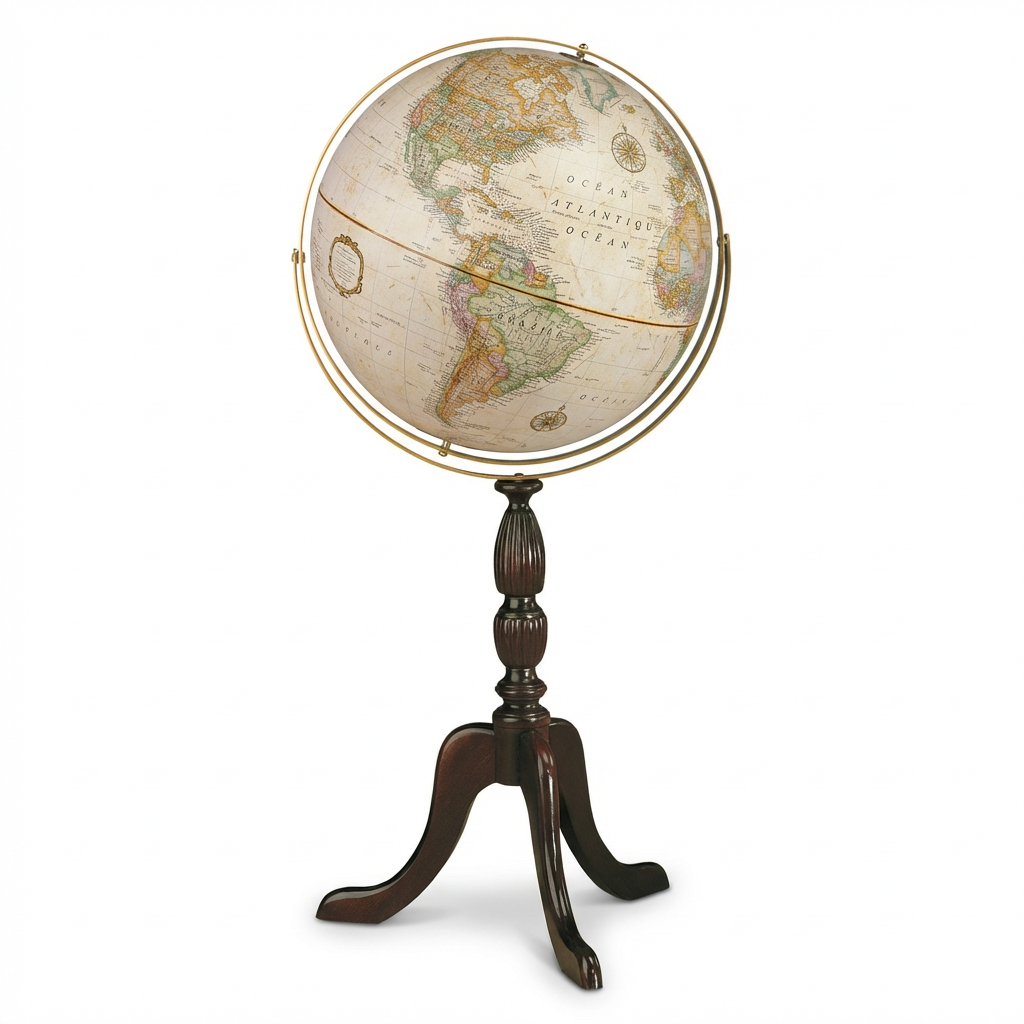 A photorealistic studio photograph of the Replogle Cambridge 16-inch antique ocean floor globe with French map, angled to the left on a dark wood stand against a white background.