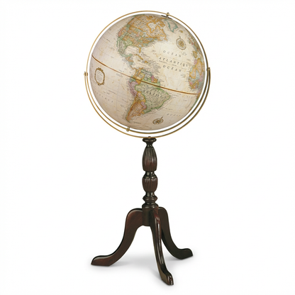 A photorealistic studio photograph of the Replogle Cambridge 16-inch antique ocean floor globe with French map, angled to the left on a dark wood stand against a white background.