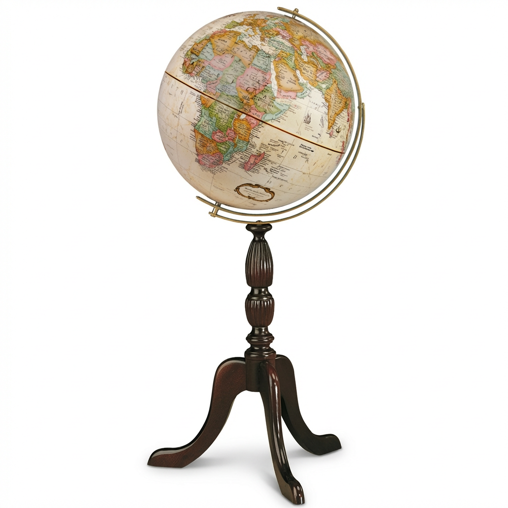 A photorealistic studio photograph of the Replogle Globes Cambridge 16" antique floor globe with a dark wood stand, angled right on a pure white background with soft shadow .