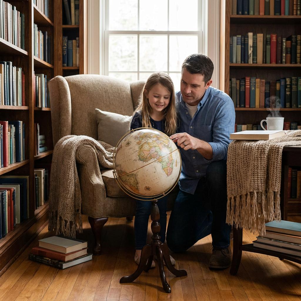 A father and daughter explore the antique-style Replogle Cambridge floor globe in a cozy home library.