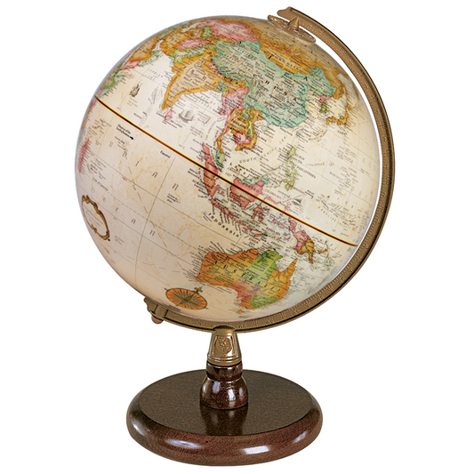 Quincy 9-inch French edition antique ocean desk globe with a brass meridian and wooden base.