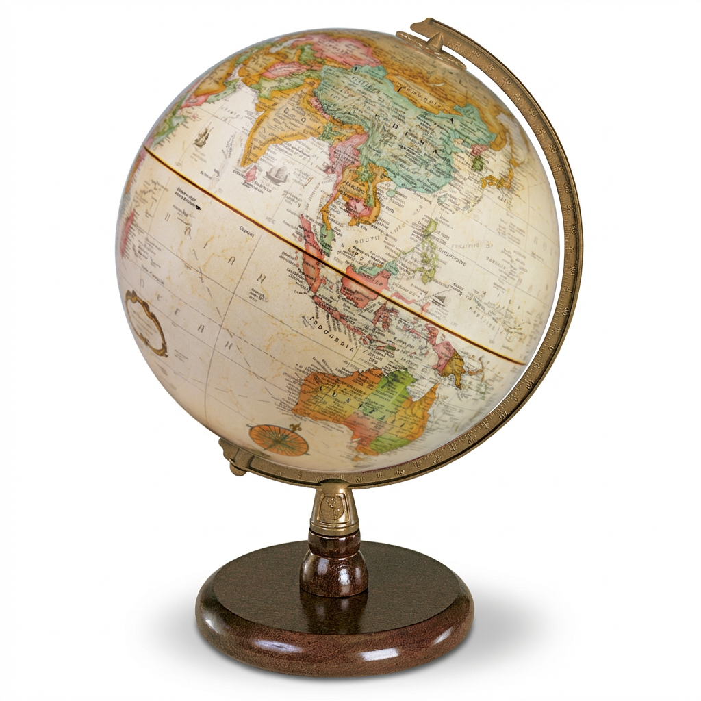 A photorealistic studio product shot of the French Replogle Quincy antique ocean desk globe, angled left on a pure white background with a soft shadow.
