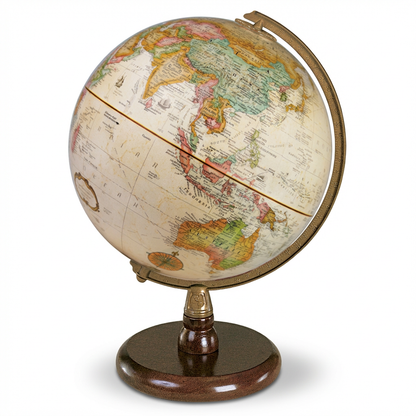 A photorealistic studio product shot of the French Replogle Quincy antique ocean desk globe, angled left on a pure white background with a soft shadow.
