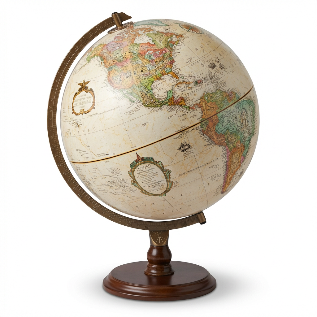 Photorealistic studio product photograph of the Replogle Globes Lenox antique ocean desk globe with bronze meridian and wood base, centered on a pure white background with a soft shadow , angled to show the left side.