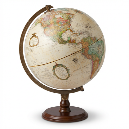 Photorealistic studio product photograph of the Replogle Globes Lenox antique ocean desk globe with bronze meridian and wood base, centered on a pure white background with a soft shadow , angled to show the left side.