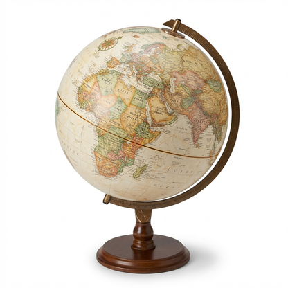 A photorealistic studio photo of the Replogle Globes Lenox 12" antique desk globe, angled to show Africa and Asia, centered on a pure white background with a soft shadow.