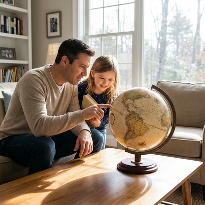 A father and daughter look at the Replogle Lenox 12" antique ocean globe together in a sunny living room.
