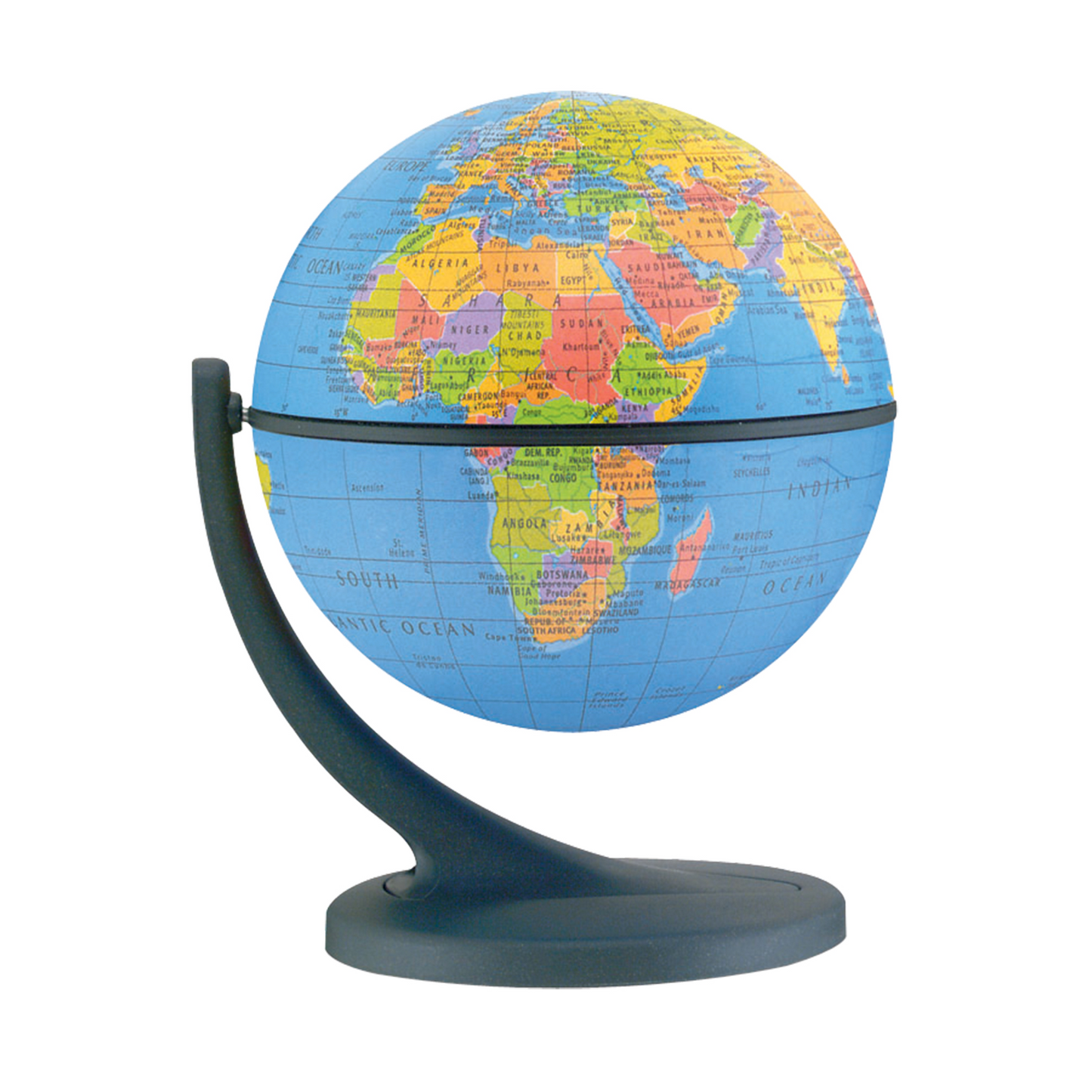 Replogle Wonderglobe 4.3 inch French language blue ocean globe on a black plastic stand.