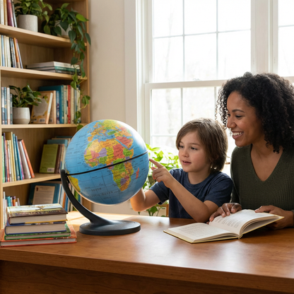 A mother and child interact with the Replogle Wonderglobe on a desk in a sunlit room.