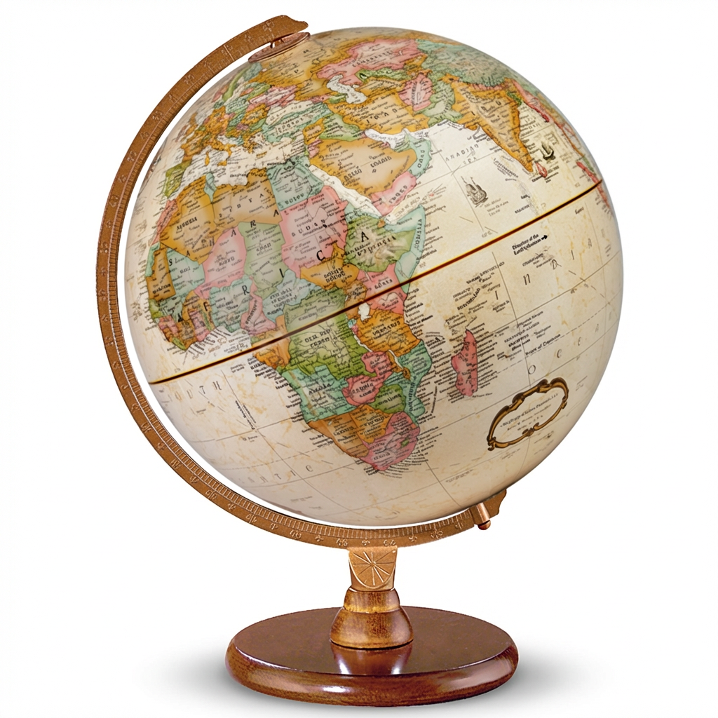 A studio product photograph of the antique-style Replogle Hastings globe, angled to the left, on a pure white background with a soft shadow.