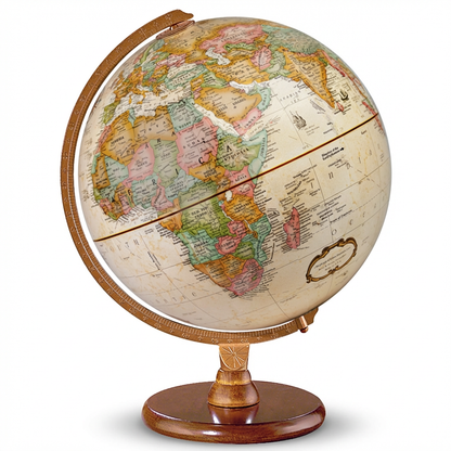 A studio product photograph of the antique-style Replogle Hastings globe, angled to the left, on a pure white background with a soft shadow.