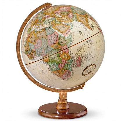 A photorealistic studio product photo of the Replogle Hastings antique-style globe, angled to show the right side, centered on a pure white background with a soft shadow.