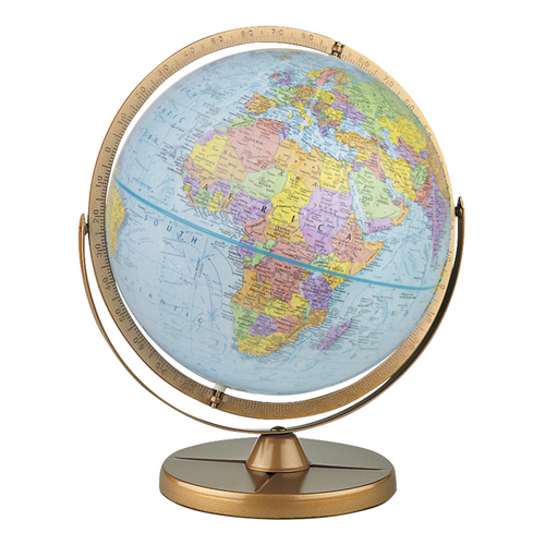 Replogle Pioneer 30851: 12-inch French language desktop globe with blue oceans and a gold base.