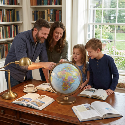 A photorealistic lifestyle photo shows a family of four in a home library, gathered around a Replogle Pioneer Globe. The father points to a location on the globe, while the mother and two children smile and look on. The globe is on a large wooden desk with books and natural light.