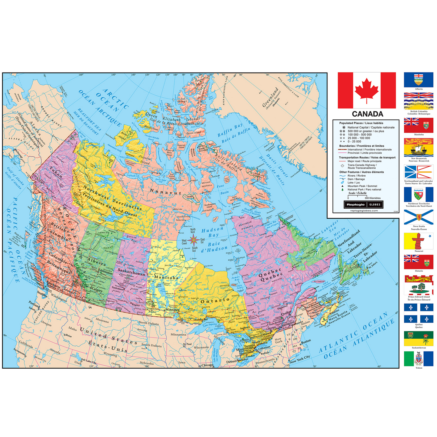 Detailed bilingual English and French wall map of Canada featuring color-coded provinces and flags.