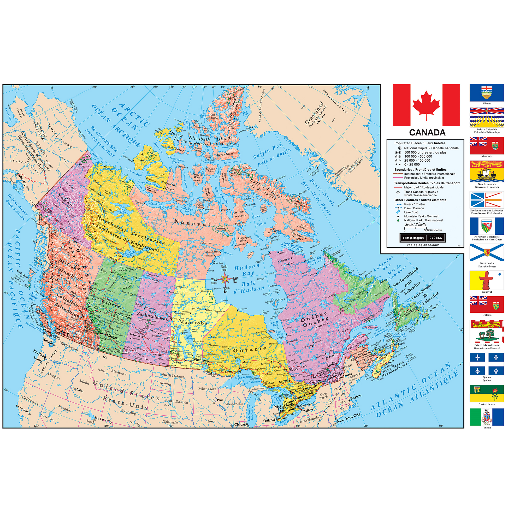 Detailed bilingual English and French wall map of Canada featuring color-coded provinces and flags.