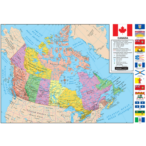 Detailed bilingual English and French wall map of Canada featuring color-coded provinces and flags.