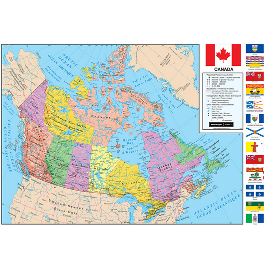 Detailed bilingual English and French wall map of Canada featuring color-coded provinces and flags.