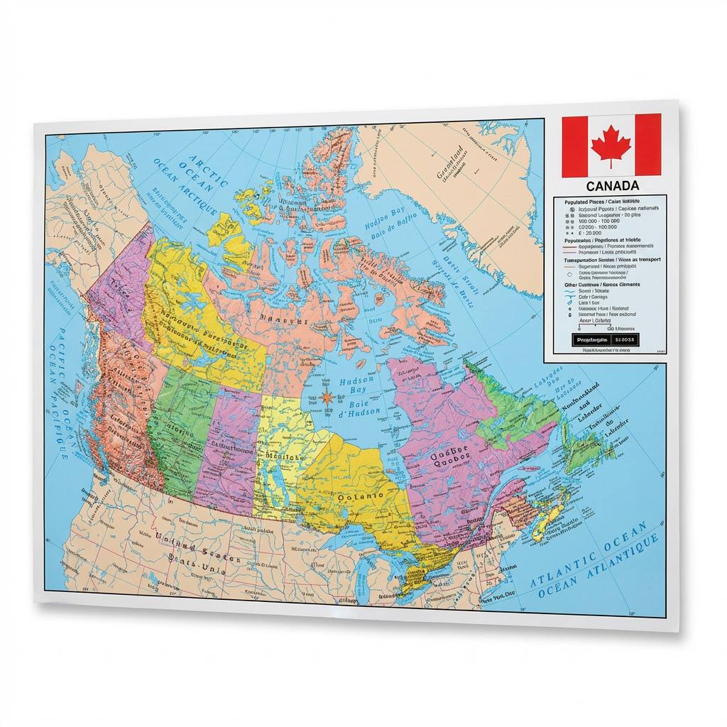 A photorealistic studio product photograph of the Replogle Globes Canada Wall Map, angled to show the left side. The map is centered on a pure white background with a soft, natural shadow beneath it.