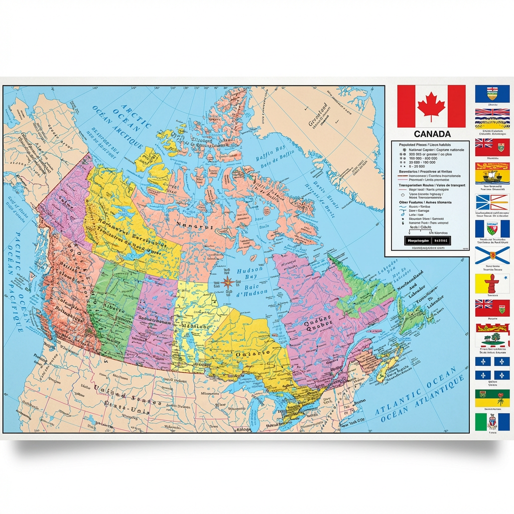 A studio product photograph of the Replogle Globes Canada Wall Map, angled to the right on a pure white background with a soft natural shadow. The map shows Canada 's provinces and territories in detail with a bilingual legend and flag panel on the right.