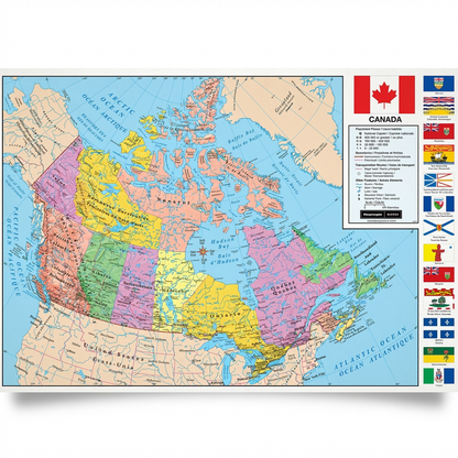 A studio product photograph of the Replogle Globes Canada Wall Map, angled to the right on a pure white background with a soft natural shadow. The map shows Canada 's provinces and territories in detail with a bilingual legend and flag panel on the right.