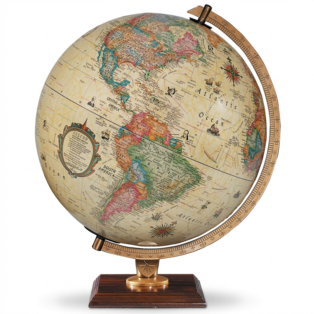 A studio photograph of the Replogle Carlyle 12-inch antique ocean globe, angled to the left, on a pure white background with a soft shadow.