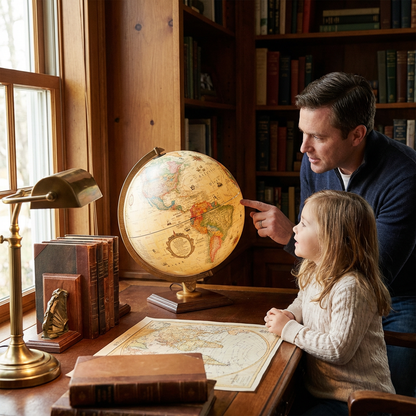 A father and daughter explore the world on the Replogle Carlyle illuminated globe in a cozy study.