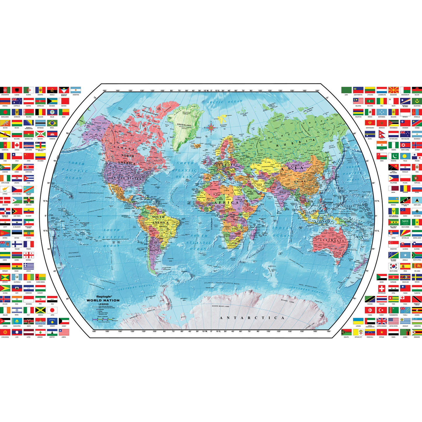 A detailed circular world map with labeled countries and oceans, framed by rows of national flags.