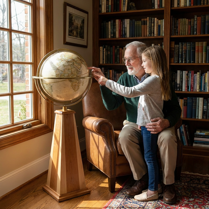 A grandfather and granddaughter explore the Replogle Obelisk globe in a sunlit home library, showing the product in a warm, educational setting.