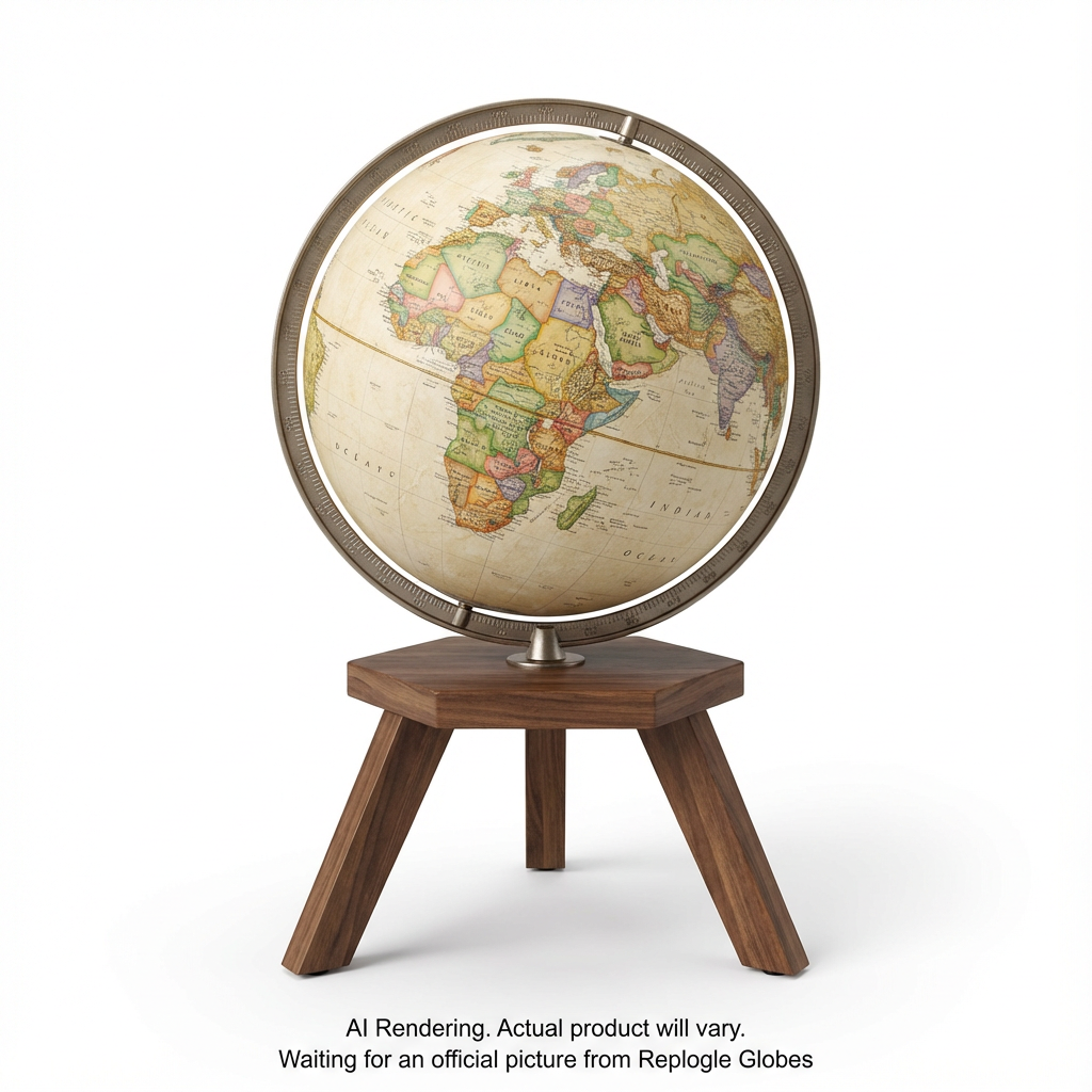 Frank Lloyd Wright San Marcos antique 12-inch globe on a three-legged wooden tripod stand.