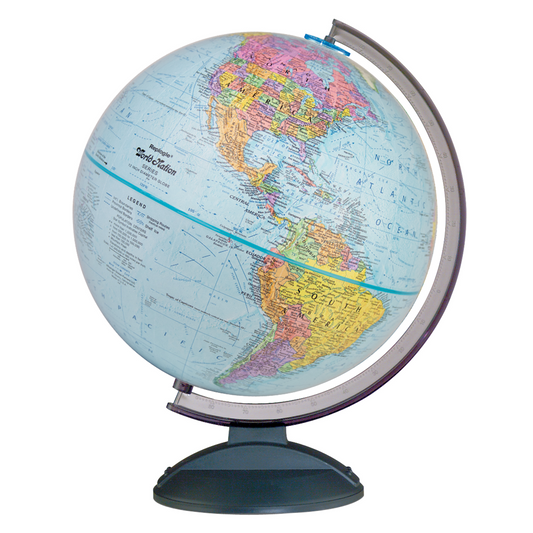 Blue ocean desk globe with raised relief mapping of North and South America on a black base.