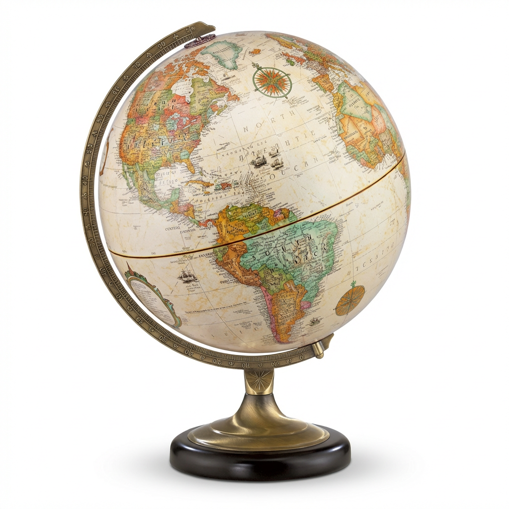 A photorealistic studio product photo of the Replogle Globes Sierra 12" antique desk globe with metal meridian and base, angled to show the left side. It is centered on a pure white background with a soft natural shadow.
