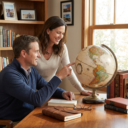 A photorealistic lifestyle image shows a smiling man and woman in a sunlit home office, using the Replogle Globes Sierra 12"/30Cm Antique Ocean Desk Globe to plan travels.