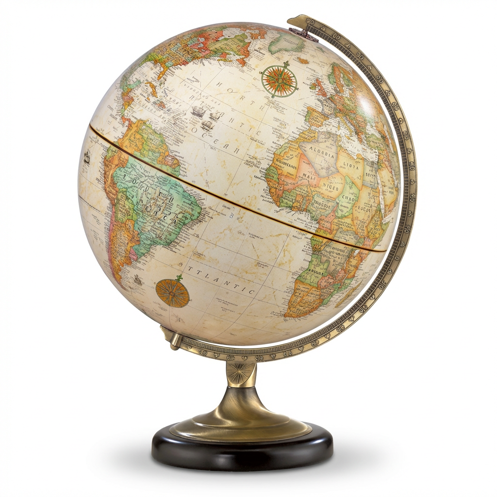 Replogle Sierra antique desk globe with bronze metal meridian on a dark wood base, angled right on a white background.