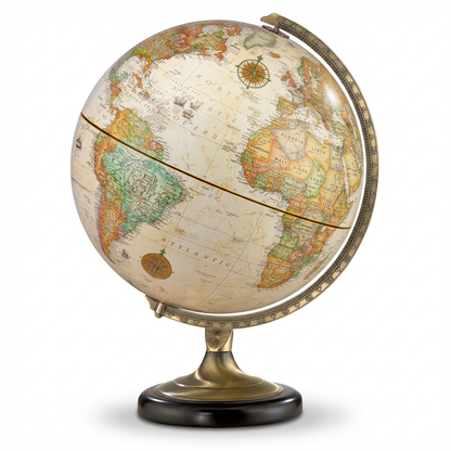 Replogle Sierra antique desk globe with bronze metal meridian on a dark wood base, angled right on a white background.