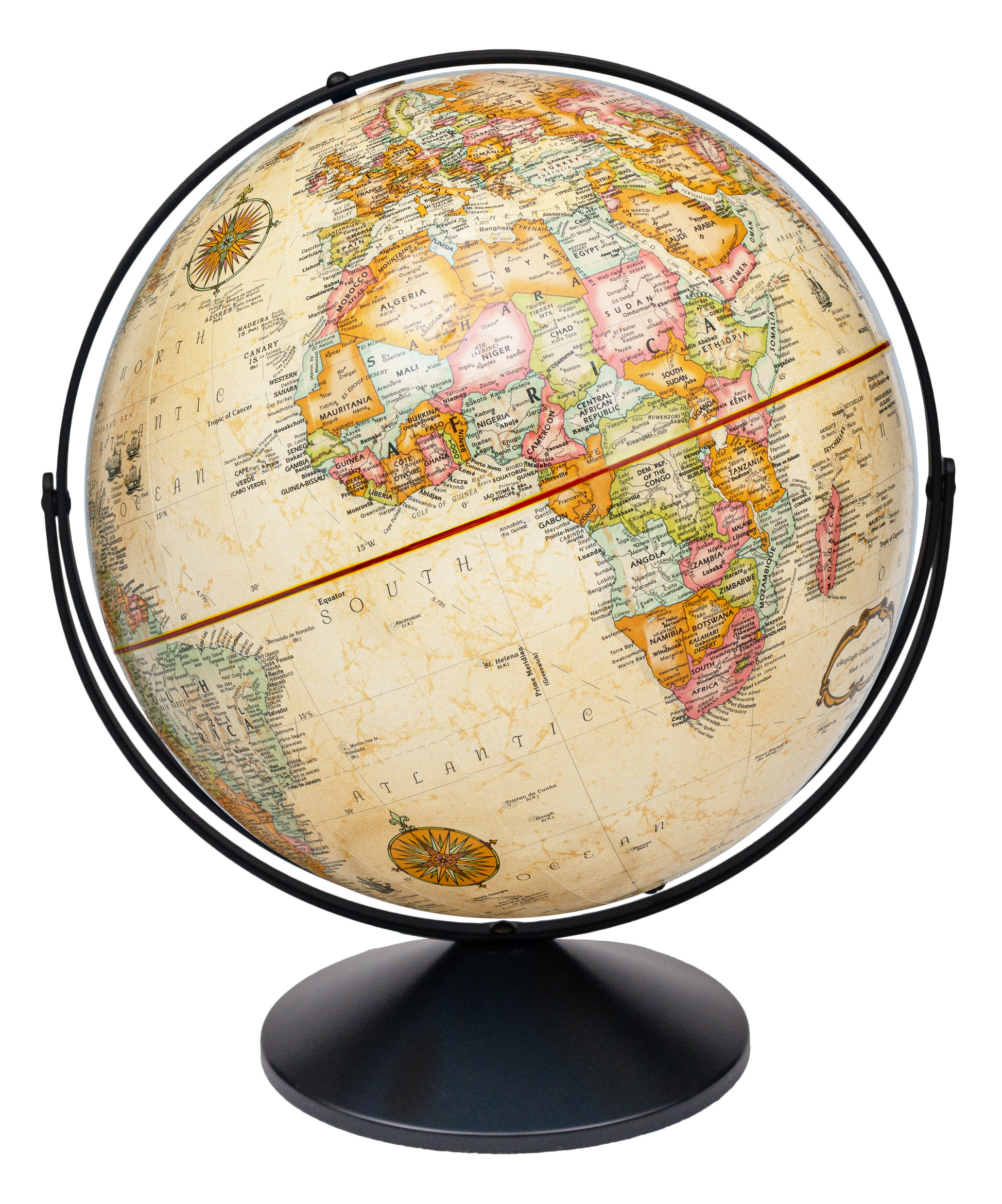 16-inch antique ocean desktop globe with a full-swing meridian and black base.