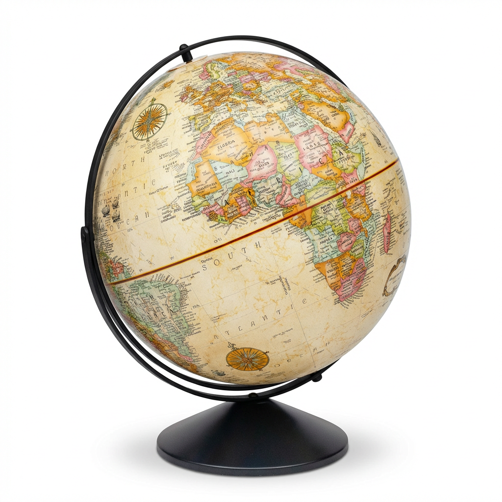 A photorealistic studio product photo of the Replogle Eureka 16" antique globe with a black metal stand, angled to the right on a white background with a soft shadow.