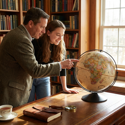 A man and a woman look at the Replogle Eureka globe in a sunlit library.