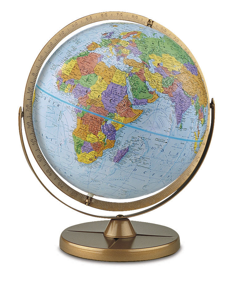 Pioneer 12-inch blue ocean desktop globe with raised relief features and a gold-toned stand.