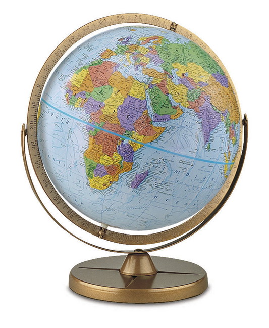 Pioneer 12-inch blue ocean desktop globe with raised relief features and a gold-toned stand.
