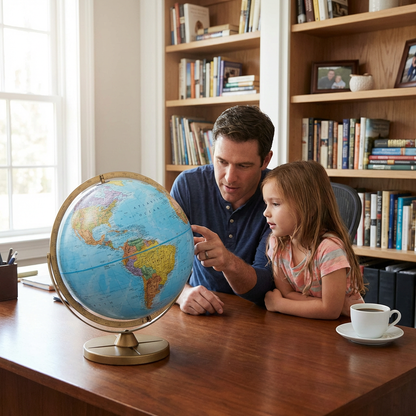 A man and a young girl study a Replogle Pioneer globe on a desk in a warm, sunlit home office.
