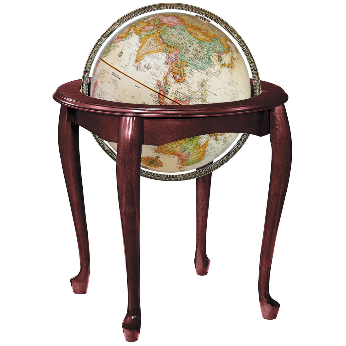 16-inch antique ocean floor globe in a cherry hardwood Queen Anne stand with cabriole legs.